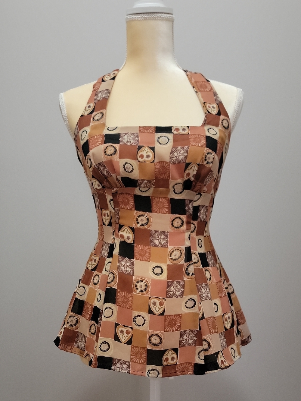 Halter Tank Top in Multi-Tone brown/orange Patchwork Pattern Sz S
